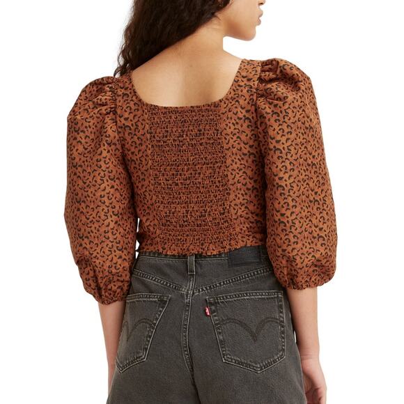 NWT Levi’s Top Womens Kaila Puff Sleeve Animal Print Smocked Taffeta Size Small - Picture 2 of 3